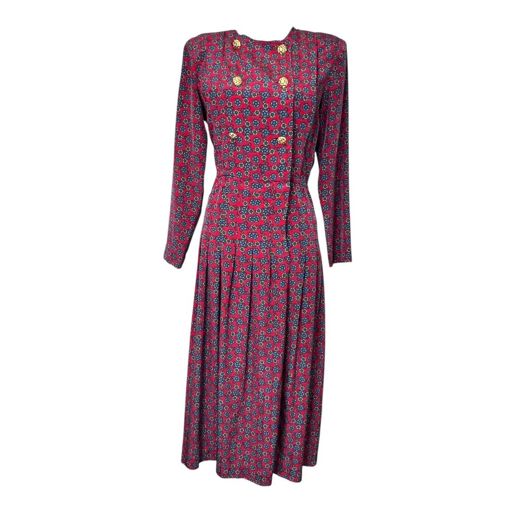 Talbots Vintage Red Print Midi Dress‎ Gold Buttons Long Sleeve Size 6 Old Money